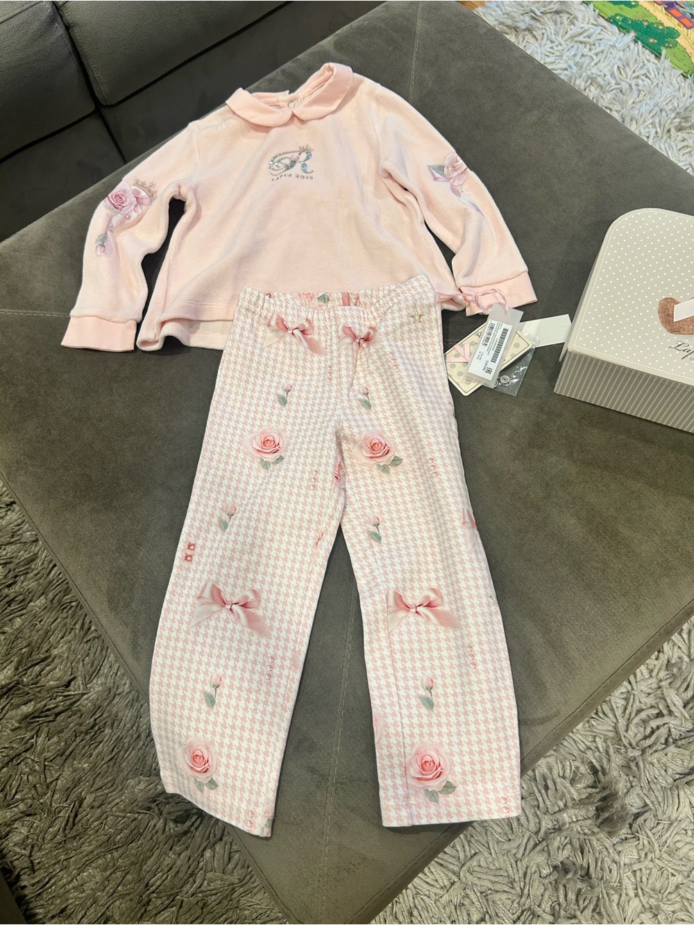 Lapin House Girls' Pink Floral Bow Outfit Set - Kids Size 2 years with box